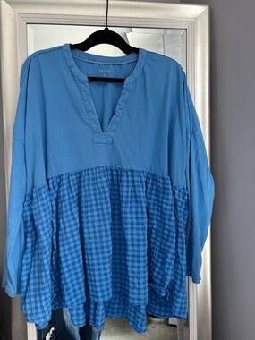 Pilcro Sky Blue V-Neck Peplum Tunic Top with Gingham Panel Cotton Long Sleeve M